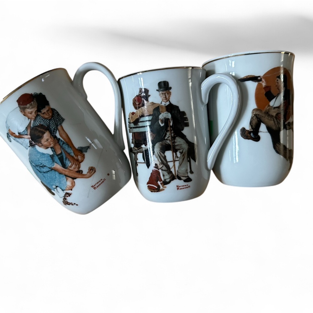 3 Norman Rockwell Illustrated White Mugs